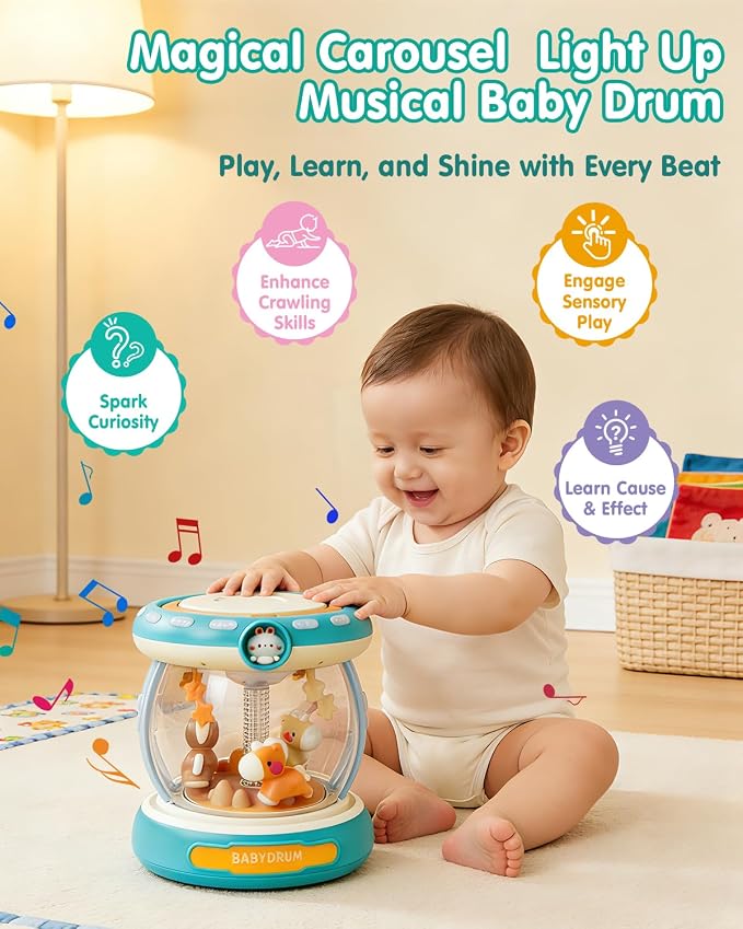 Baby Musical Drum Toy for 6-24 Months, Light-Up Carousel with Spinning Animals & Microphone, 4-in-1 Tummy Time Roll Crawl Toy with Music Stories Numbers Nursery Rhymes, Baby Boy Girl Gift