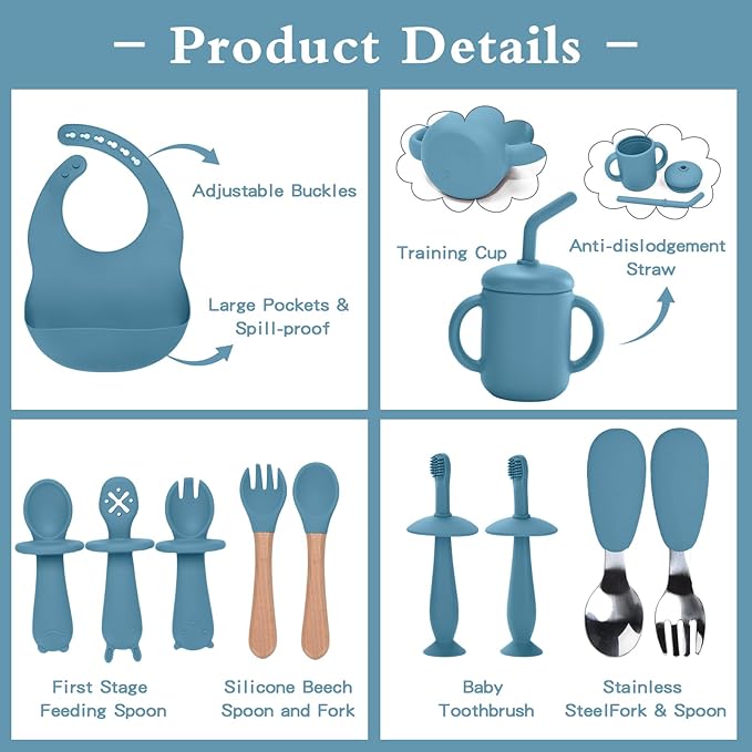 Silicone Feeding Set, 13PCS Baby Feeding Essentials with Suction Bowl & Plate, Spoons & Forks, Bib & Cup, Toothbrush, Baby Led Weaning Supplies for 6+ Months, Eating Essentials (Blue)