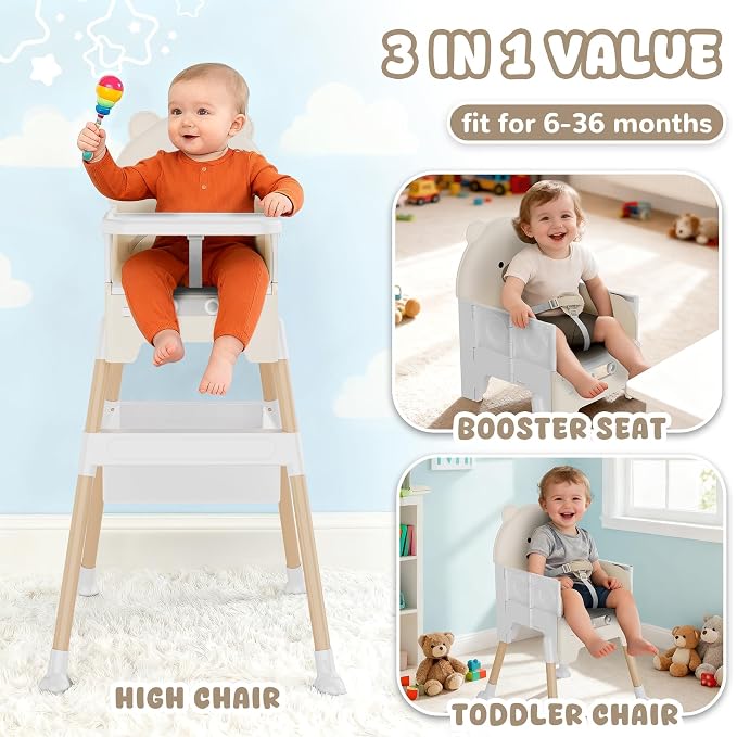 Baby High Chair 3 in 1 High Chairs for Babies and Toddlers Bear Toddler Chair Adjustable Height Highchair with Bib and Storage Bag for Baby Convenient Comfortable Feeding（Beige）