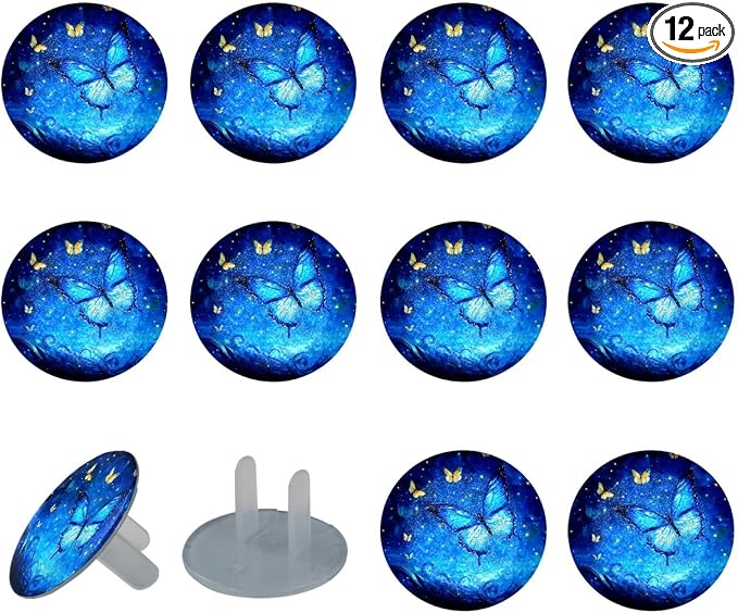 Blue Butterfly Outlet Covers Baby Proofing Child Proof, 12 Packs Outlet Plug Covers, 2-Prong Electrical Safety Socket Caps, Wall Plates Receptacle Protector Guard