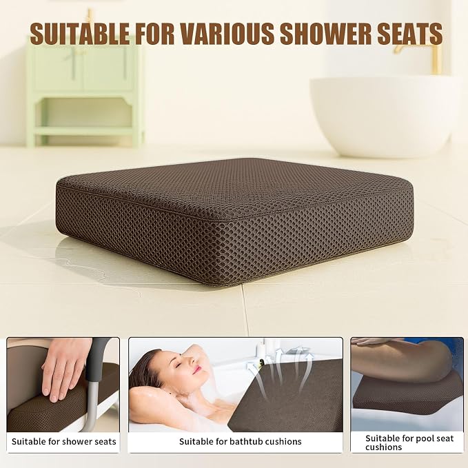 Shower Bench Cushion, Soft Chair Pad for Elderly Bathing, Easy to Clean & Quick Dry，Using 4D air Fiber Material, Suitable for Shower Cushion, Bathtub Baths, Poolside Rest，Brown
