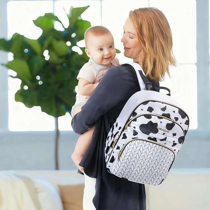 KABAQOO Baby Diaper Bag Backpack, Waterproof Diaper Backpack for Mom & Dad with Changing Pad, Insulated Pockets and Stroller Straps, Baby Shower Gifts for Girls & Boys, Cow