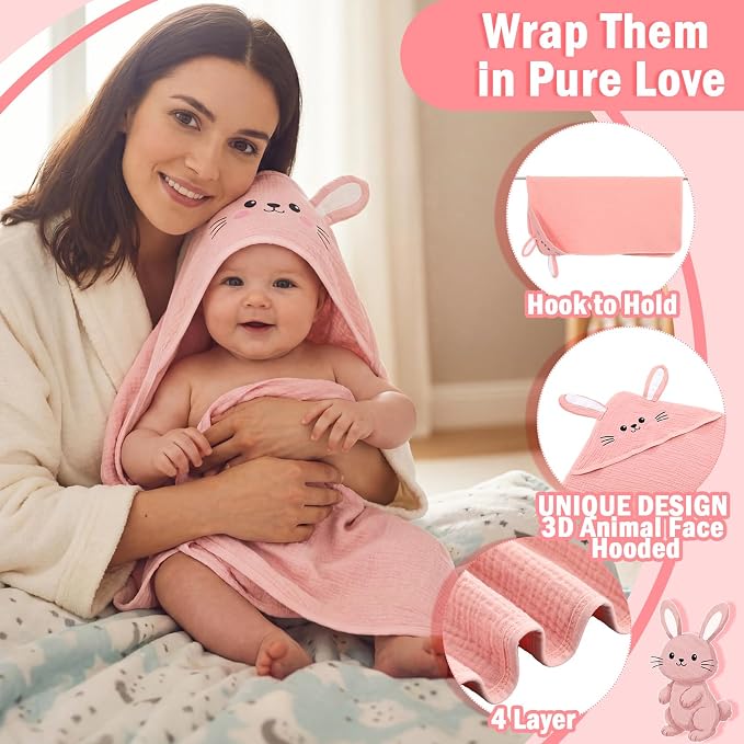 Mindsoft Muslin Hooded Baby Towel 100% Cotton Soft Absorbent Bath Towel with Cute Pink Bunny Design 32 x 32 Inch Muslin Baby Bath Essentials for Girl Babies Infant Toddler Kids