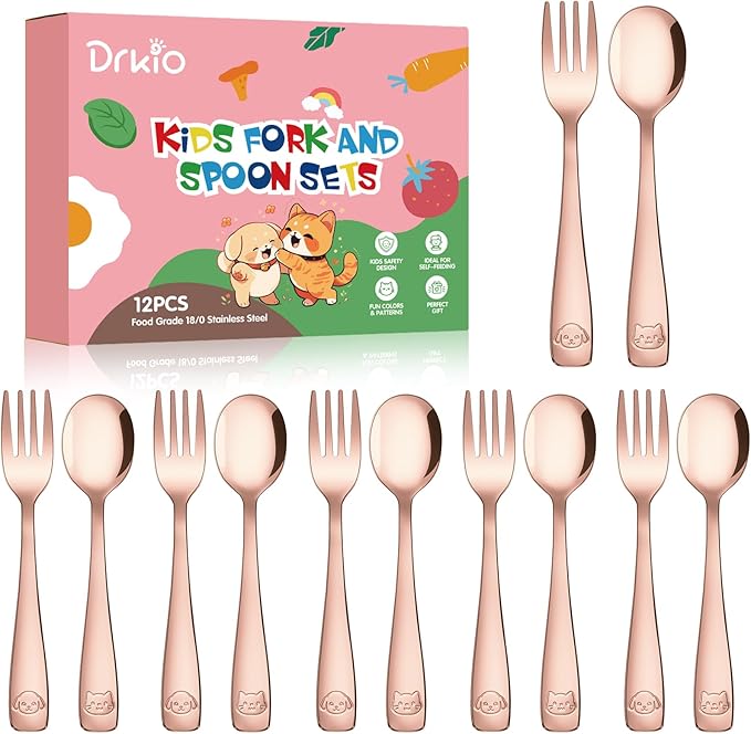 DRKIO Stainless Steel Toddler Utensils Set - 12 Pieces Kids Silverware Set Children Safe Food Grade Small Forks and Spoons Dishwasher Safe Mirror Polished