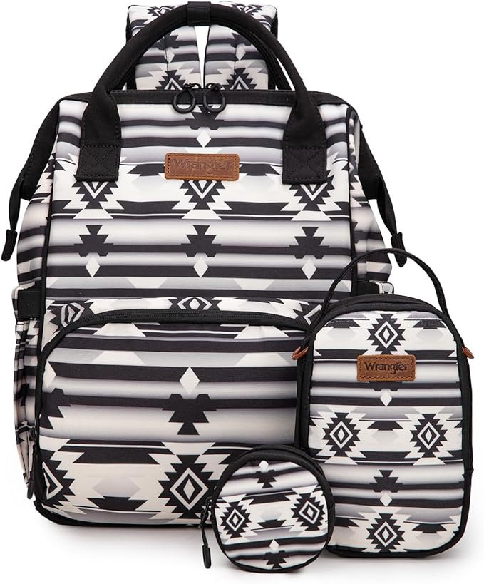 Montana West Wrangler Callie Diaper Bag Backpack with Pacifier Case, Crossbody Bottle Bag and Stroller Straps Western Pattern Multifunction Baby Travel Bag Set WG2215-9110BK