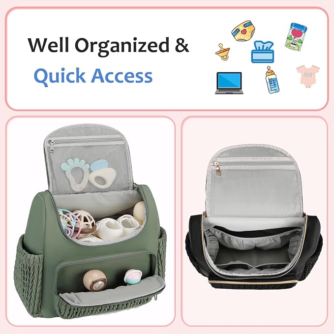 LORADI Diaper Bag Backpack, Baby Shower Gifts, Sage | Stroller Clips, Insulated Pockets, Water-resistant, Easy to Clean, Durable