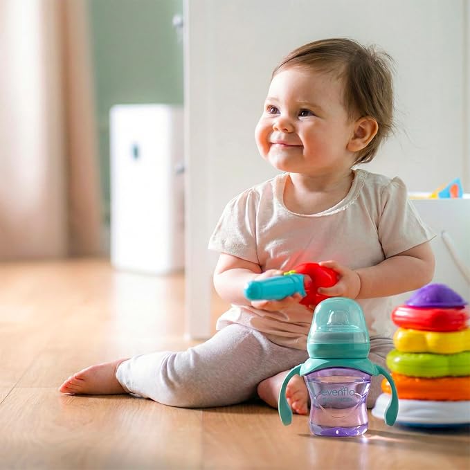 Evenflo Balance+ Trainer Cup with Ultra Soft Spout, Purple & Mint with Pink & Teal Handles, 5oz, 2 Pack, for 6+ Months
