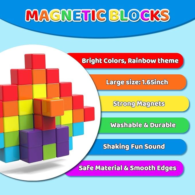Magnetic Building Blocks, 1.65 inch Large Magnetic Stacking Cubes for Toddlers, Sensory & Montessori Toys for Boys & Girls 1 2 3 Years Old (36 PCS)