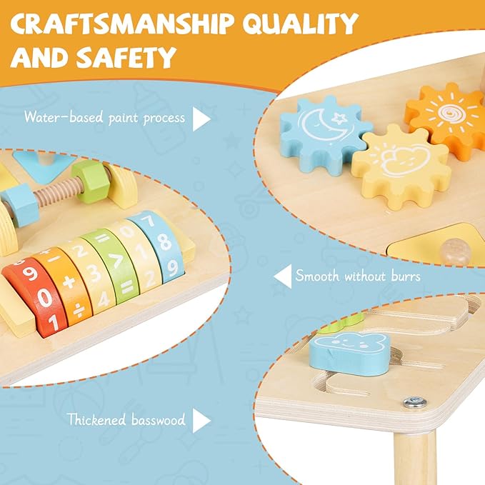 Wooden Activity Table for Toddlers – 8-in-1 Multi-Color Montessori Activity Center&Baby Activity Cube with Bead Maze, Shape Sorter, Gears, Math & Clock Toys,Educational Gift for 1 Year Old Boys Girls