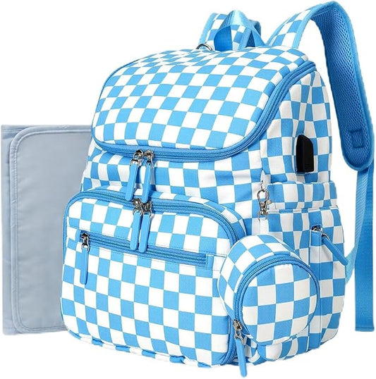 FHELAD Checkered Diaper Bag Backpack with Changing Pad & Stroller Clips, Large Travel Baby Diaper Bag for Newborn Moms, Baby Shower Gifts (Sky Blue)