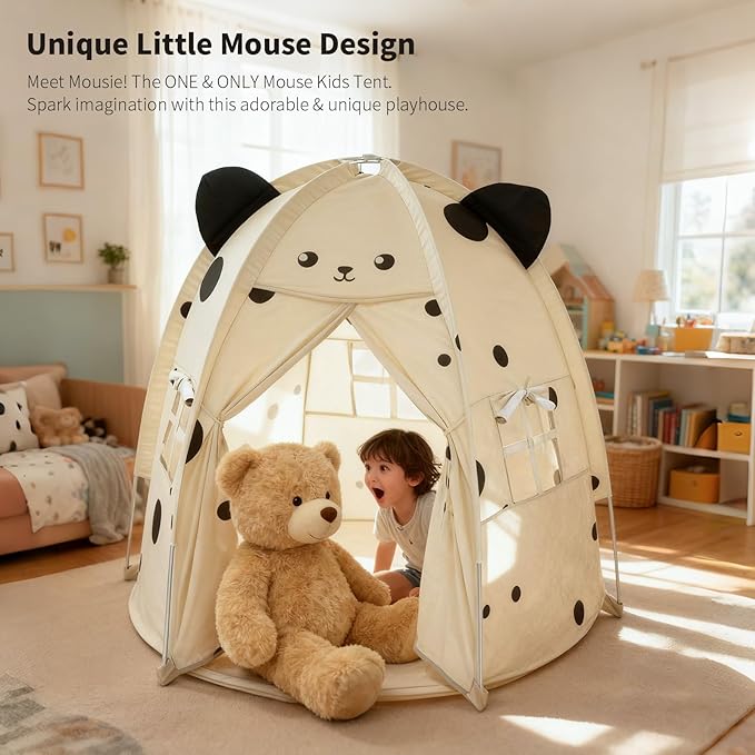 Kids Play Tent Little Mouse Design - Large 55" Indoor Playhouse with Premium Aluminum Poles, Soft Peach Skin Fabric, 1 Door & 3 Windows for Boys and Girls Ages 3+, Warm Play Room & Home Decor (Mousie)