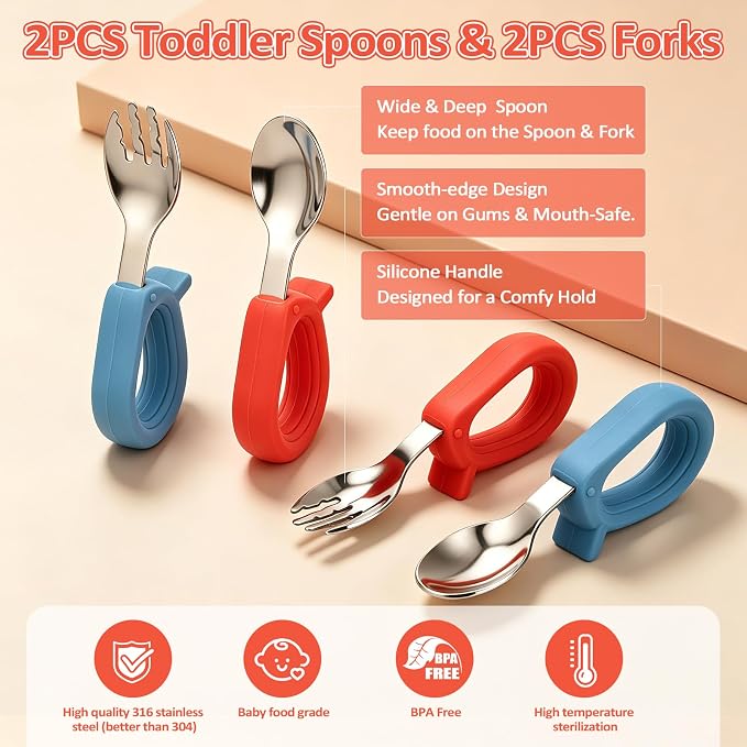 Toddler Utensils Set, 4PCS Stainless Steel Forks & Spoon with Silicone Handle, Self Feeding Training Baby Spoons, BPA-Free Anti-Choke, with 2 PCS Portable Travel Cases, Dishwasher Safe
