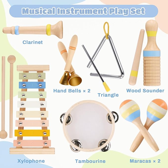 Baby Musical Instruments, Montessori Wooden Musical Toys for Toddlers 1??, Xylophone Tambourine Triangle Maracas, Wooden Baby Instruments, Kids Preschool Educational Toys, Birthday Gift for Boys Girls