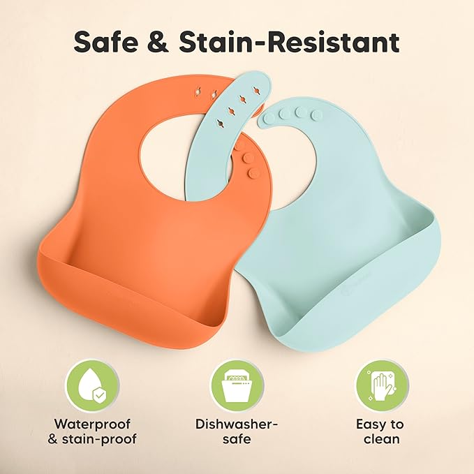 KeaBabies 2-Pack Silicone Bibs for Babies, Toddlers Girl, Boy ??Sturdy Food-Grade Baby Bibs for Eating, Large Food Catcher, Clean & Put On Easily, Waterproof Toddler Feeding Essentials (Amaze)