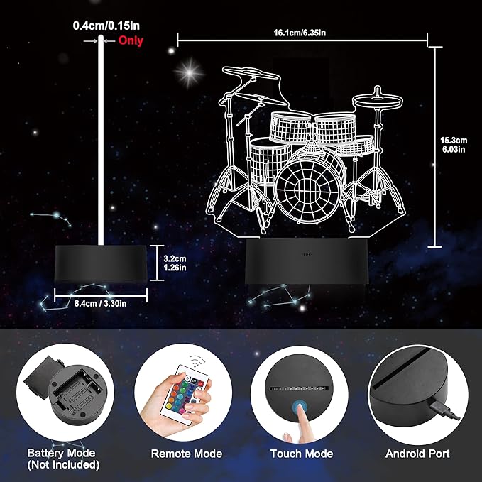 Ammonite Drum kit Night Light, 3D Illusion lamp for Kids, 16 Colors Changing with Remote & Timer, Amazing Idea Choice for Musical Instrument Shop Home Party Supply Decoration