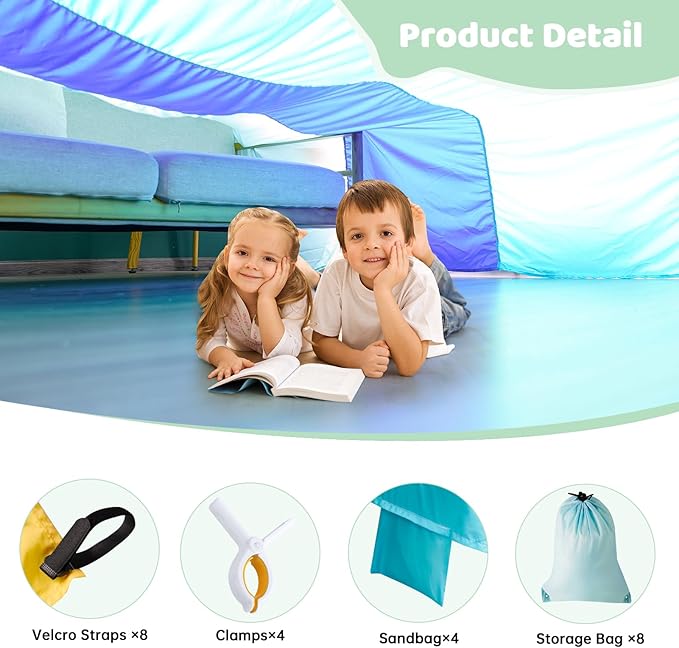 Blanket Fort Building Kit for Kids, Portable Playhouse Play Tent Fort with CPC Certification, Indoor/Outdoor Air Tent Fort for Kids Age 4-8 8-12