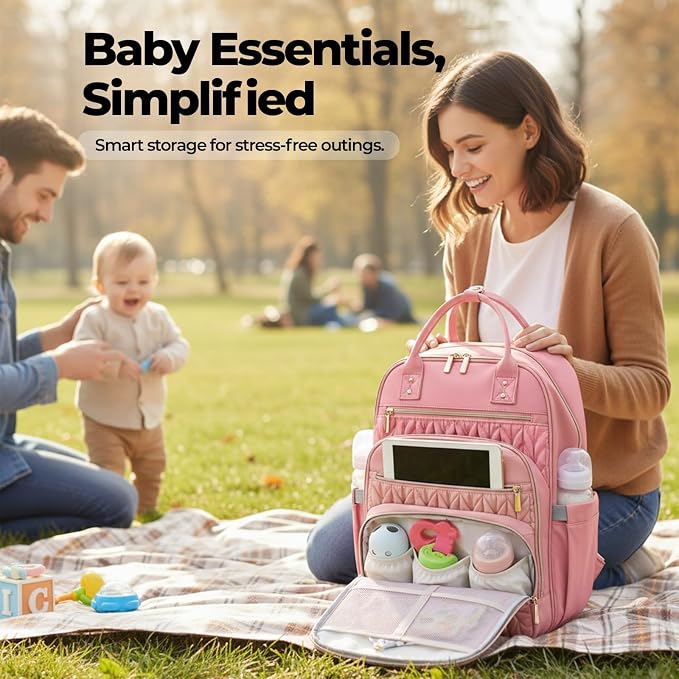 Jubily Diaper Bag Backpack, 30L Travel Backpack for Women, Waterproof Bag with 5 Compartments, 20 Pockets, Laptop & iPad Slots, Portable Changing Pad, Baby Essentials Organizer (Pink)