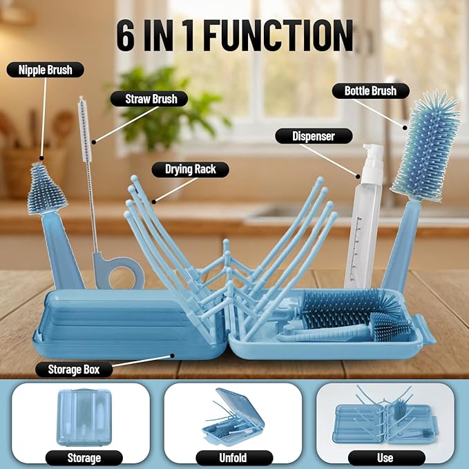 6 in 1 Baby Bottle Brush Cleaner with Silicone Brushes - Premium food-grade silicone, Dishwasher Safe & Heat Safe - Travel Friendly Portable Baby Bottle cleaner Kit - Blue
