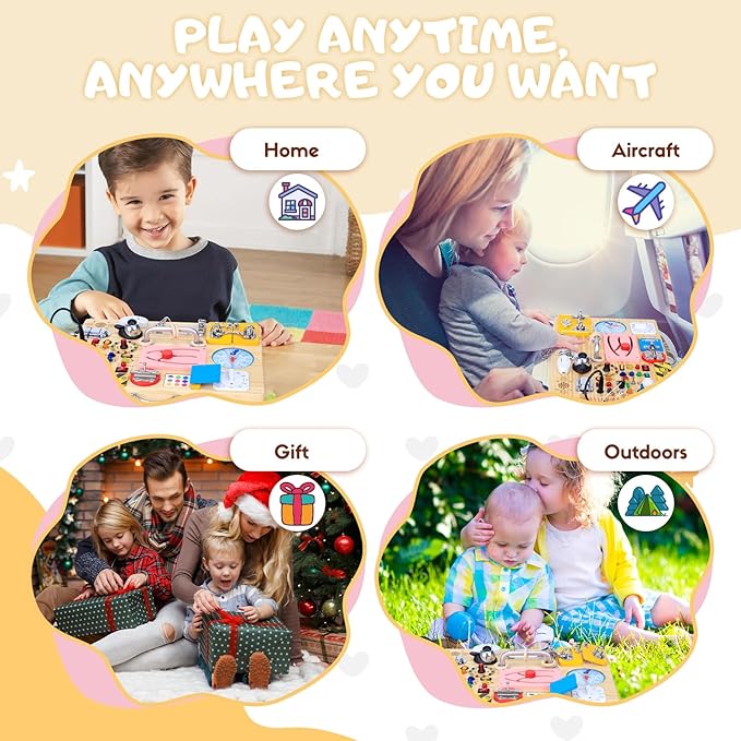 Busy Board with 13 LED Light Switches and 12 Activity, Montessori Toys for Toddlers, Wooden Toy Sensory Activity Board, Travel Toys for 1+ Year Old Boy & Girl Birthday Gift (25 in 1 Busy Board)
