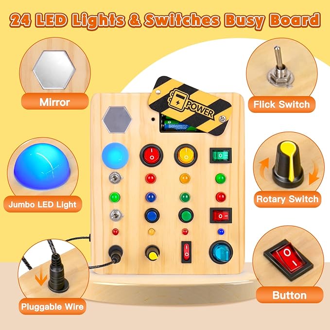 TINTECUSA Busy Board Montessori Toys for Toddler, Wooden Sensory Board Switch Toy with Shape Sorter LED Light Up Toys Educational Plane Travel Activity for Girls & Boys