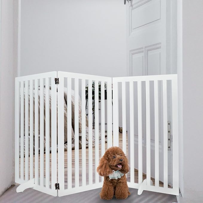 3-Panel Wooden Free Standing Foldable Dog Gate, Foldable Pet Gate with 2PCS Support Feet, 36" Height Dog Fence Baby Gates for House Doorways Indoor Outdoor, White