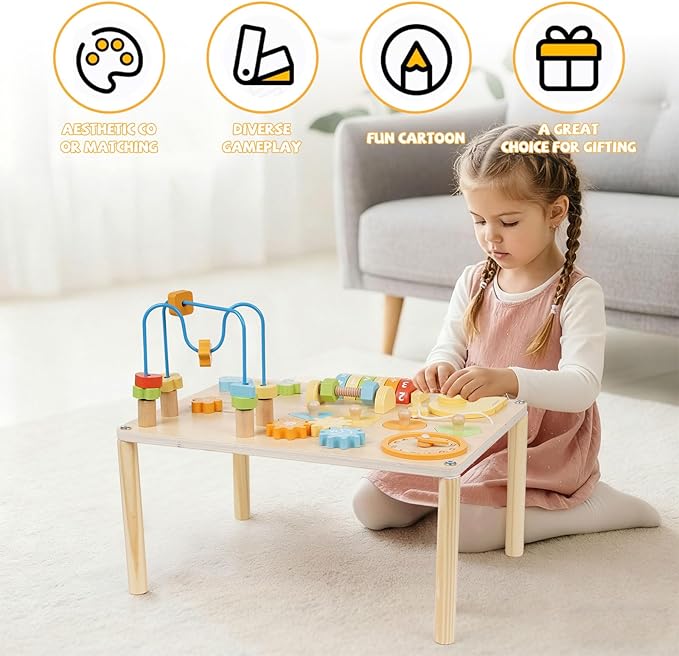 Wooden Activity Table for Toddlers – 8-in-1 Multi-Color Montessori Activity Center&Baby Activity Cube with Bead Maze, Shape Sorter, Gears, Math & Clock Toys,Educational Gift for 1 Year Old Boys Girls