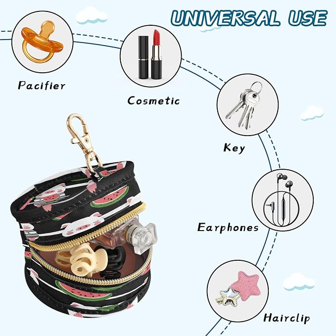Pacifier Holder with Clip Pacifier Case for Diaper Bag Round Baby Pacifier Pouch Box Bag Portable Black Summer Pig and Watermelon