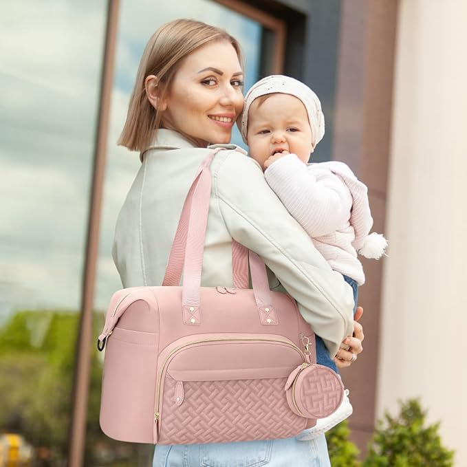 Tenot Diaper Bag Tote with Pacifier Case, Baby Bag for Women with Shoulder Straps, Travel Diaper Tote for for Mom and Dad Pink