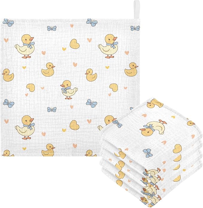 vvfelixl Baby Muslin Washcloths Duck with Ribbon Baby Burp Cloths Cotton Babys Face Towel for Newborn Infants Boys Girls Soft and Absorbent 11.8 X 11.8 in, 3 Pack