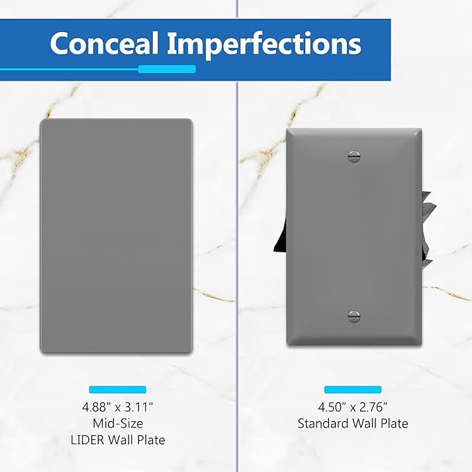 LIDER Blank Wall Plate, Temperature and Impact Resistant, UL Listed, Polycarbonate Thermoplastic, Screwless Design, Matte Finish, Modern Upgrade, Midsize, 1-Gang, 4.88??x 3.11?? Gray, 10 Pack