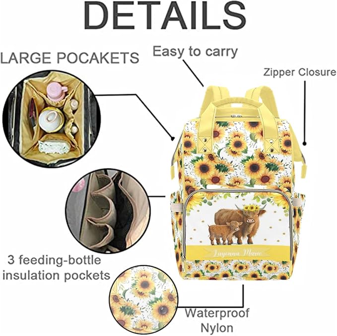 Custom Sunflower Cow Diaper Bag for Women, Personalized Name Multifunction Nylon Nursing Mommy Daypack with Large Capacity for Travel, Birthday Mother Gift