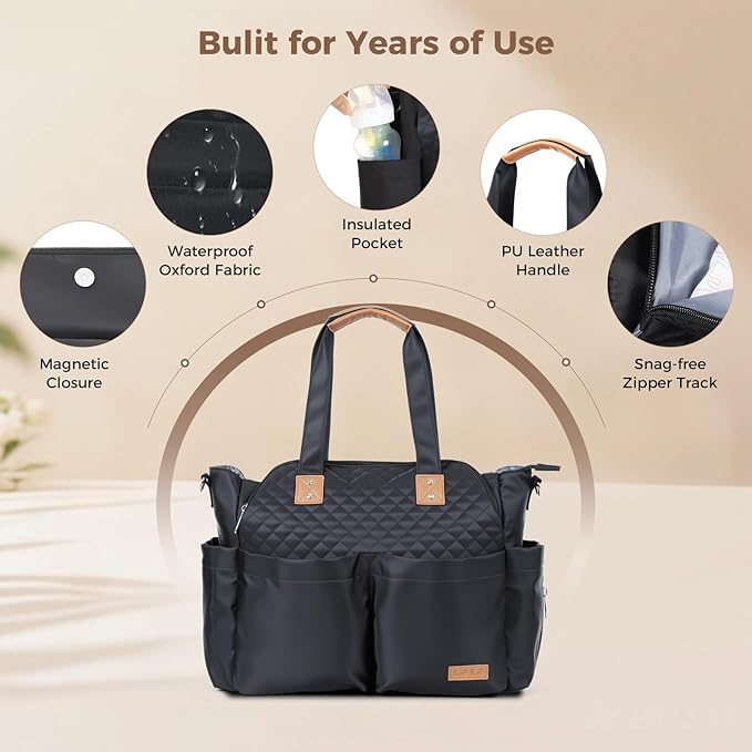 Lekebaby Diaper Bag Tote - 17 Pockets Large Travel Diaper Waterproof Tote with Portable Changing Pad, Mom Crossbody Hospital Bag for Labor Delivery, Baby Essentials for Newborn Gifts, Black
