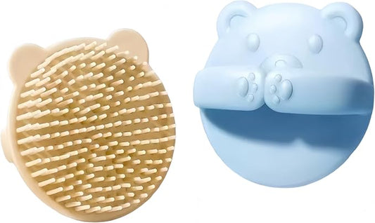 Baby Bear Shampoo Comb, Silicone Bristles, Newborn Dandruff Comb (Beige+Blue)