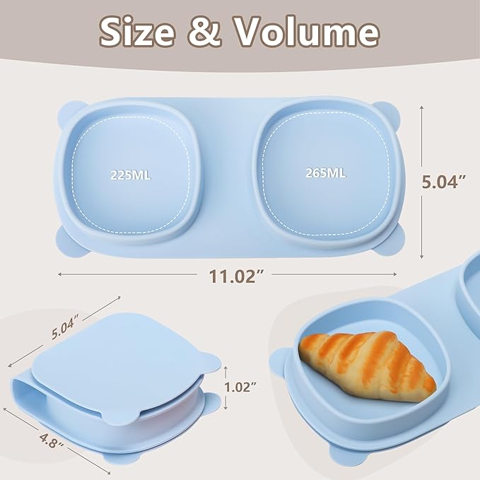 Baby Plates with Suction with Forks and Spoons, Foldable Silicone Toddler Plates, Baby Travel Essential, Microwave & Dishwasher Safe, Baby Blue