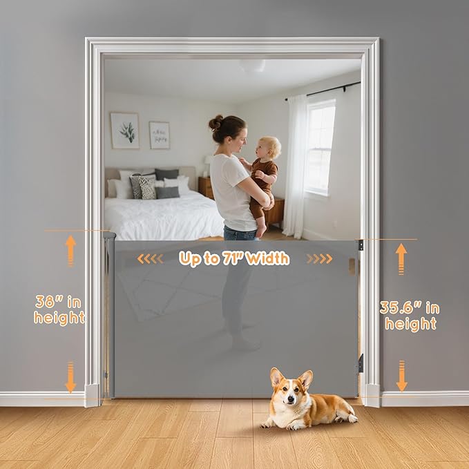 Retractable Baby Gate, 38" Extra Tall Mesh Dog Gate with Auto-Tension Design, 71" Wide One-Hand Operation Doorway Gates for Pets & Babies, No Bottom Rail Safety Gate for Hallways, Gray