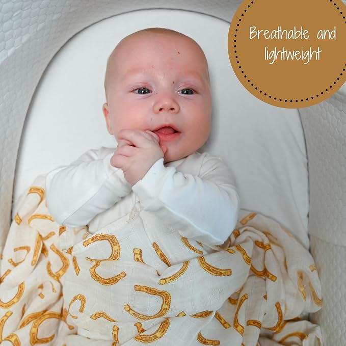 LollyBanks Baby Blankets, 100% Muslin Cotton Swaddle Blanket for Boys, Large 47 x 47 Inches Newborn Swaddle, Soft and Breathable Baby Receiving Blankets, Baby Essentials, Registry (Horseshoe Print)
