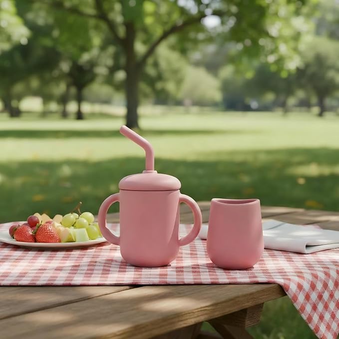 Silicone Training Cups - Drinking Training Straw Cup & Open Weaning Cup for Babies 6-12+ Months, Food-Grade BPA-Free Baby Led Weaning Drinking Set(Rose) (Rose)