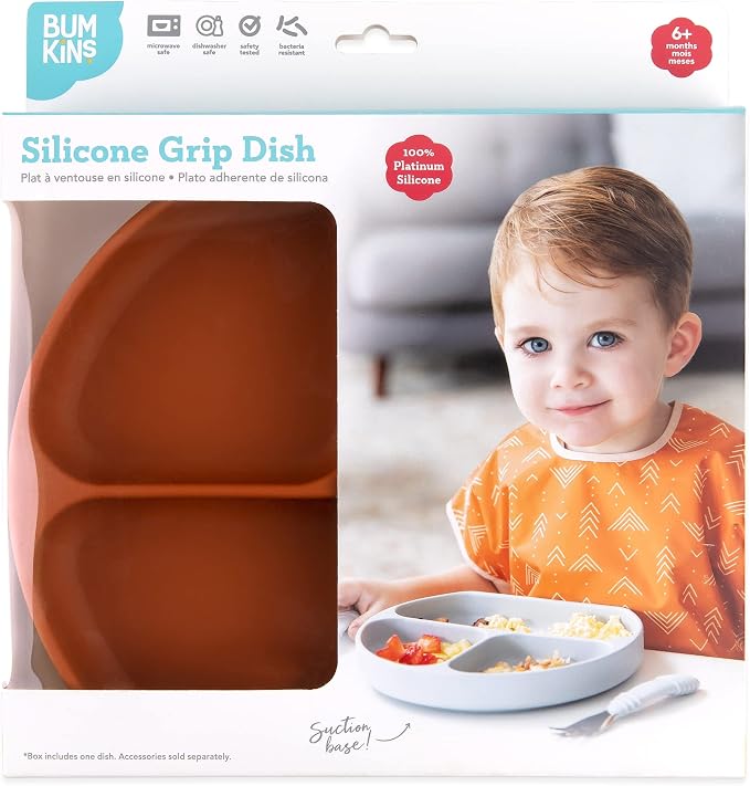 Bumkins Toddler and Baby Suction Plate, Divided Grip Dish for Babies and Kids, Baby Led Weaning, Feeding Supplies, Sticks to Tables and Highchairs, Platinum Silicone, for Children 6 Months, Clay