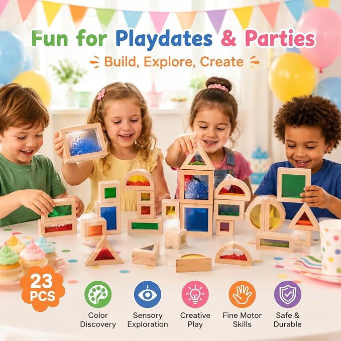 23 PCS Rainbow Sensory Wooden Building Blocks for Toddlers, Colorful Geometric Stacking Toys with Beads, Sand & Mirror Blocks, Montessori STEM Learning Toy Gift for Kids