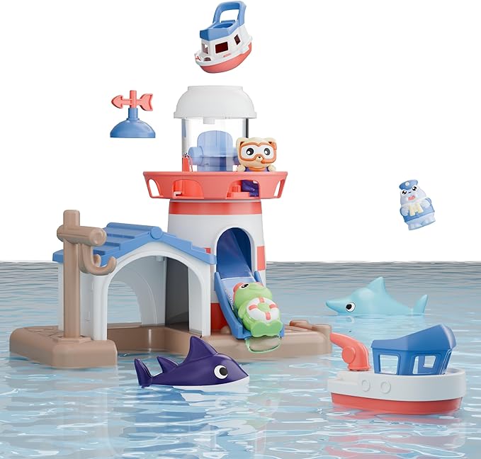 iPlay, iLearn Bath Toys for Toddlers 2-4, Kids Lighthouse Bathtub Shower Toy Set, Wind up Swimming Boat, Baby Bathtime Floating Fish Water Play, Fun Birthday Gifts for 18 Month 3 5 6 Year Old Boy Girl