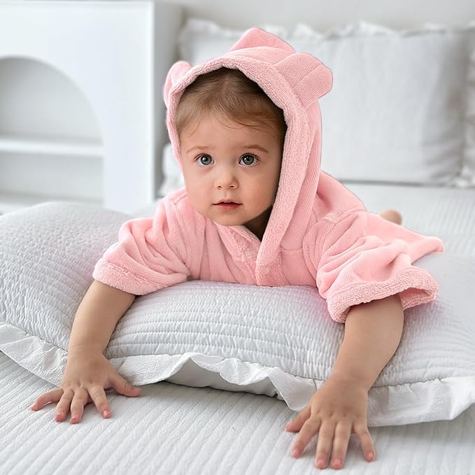 VOOVA & MOVAS Baby Hooded Towel with Bear Ear,0-24Months | 100% Cotton, Ultra-Soft & Absorbent | Gentle for Sensitive Skin, Bath, Pool & Beach Robe | Newborn (Pink)
