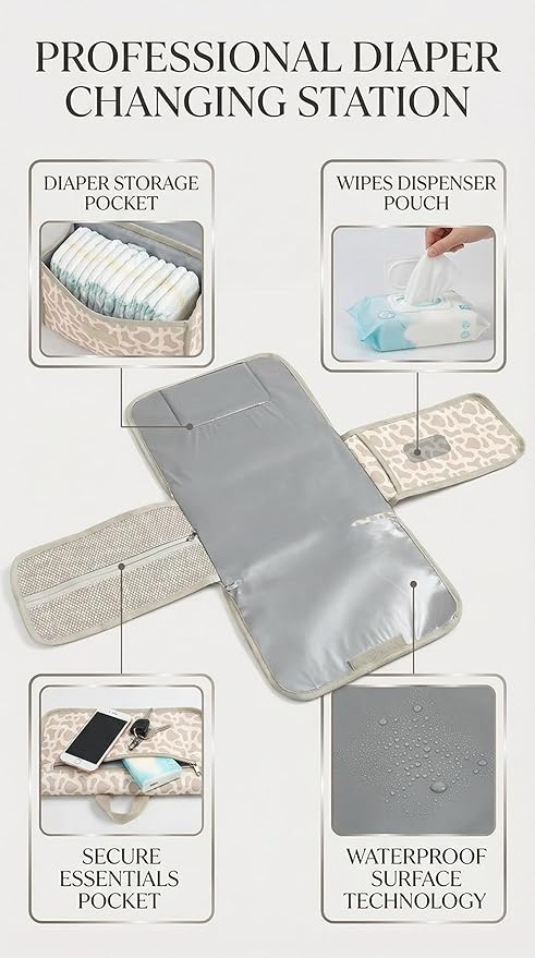 Love By Emi Portable Diaper Changing Pad, A Waterproof Travel Station and Foldable Clutch with Storage Pockets, an On-The-Go Baby Essential for Newborns and Toddlers with Cute Animals Pattern (Brown)