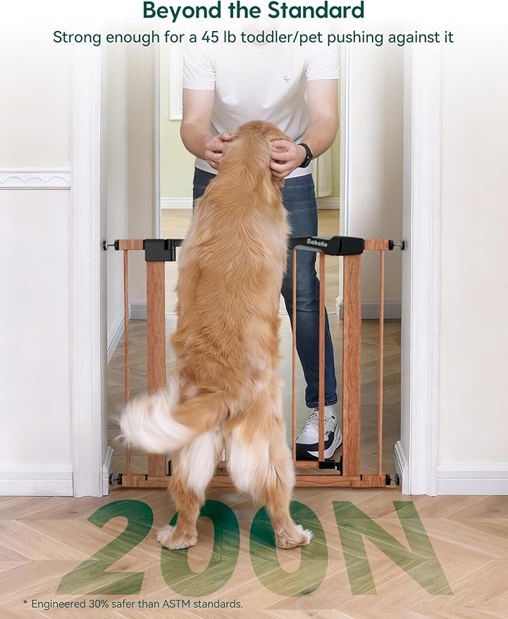 Babelio 29-48" Metal Baby Gate with Brown Wood Pattern, Auto Close Dog Gate PressGuard P7 for The House, Stairs and Doorways, Pressure Mounted Pet Gate with Door, Safety Gate for Child and Pets