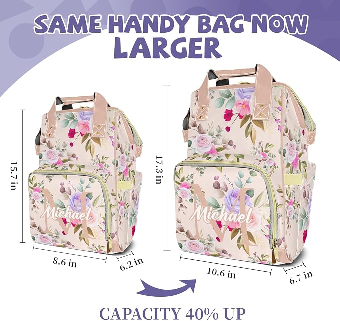 Custom Diaper Backpack, Upgraded Large Capacity Baby Changing Bag, Personalized with Name, Multifuction Mommy Backpack with Insulated Pockets for Boys Girls, Floral