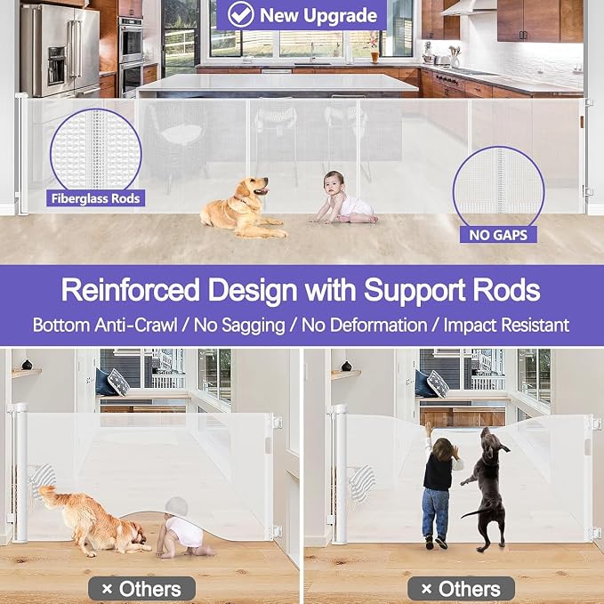 Reinforced 42" Tall Retractable Baby Gates 96" Wide Retractable Dog Gate with Support Rods-Prevent Crawling Under Long Baby Gate Extra Tall Dog Gate Indoor/Outdoor Retractable Gate, White