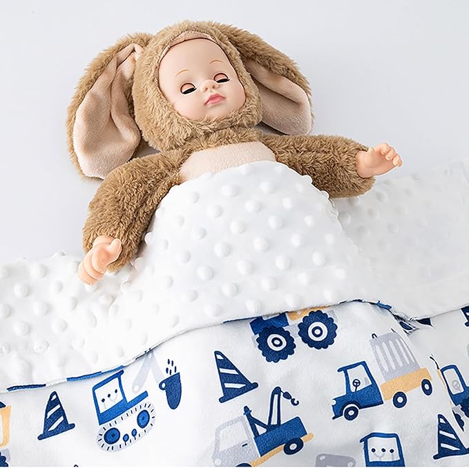 Construction Truck Minky Baby Blanket for Boys, 29.5'' x 39.3'' Soft Plush Receiving Blanket with Double Layer Dotted Backing for Newborn Nursery Crib Shower Gift