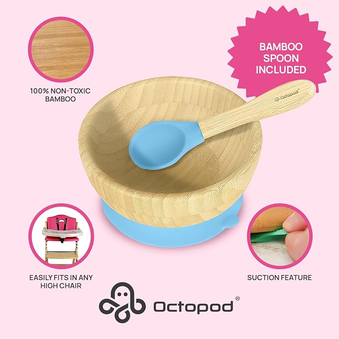 Abiie Octopod Bamboo Baby Bowl Set for 4 Months and Up – Mess-Free High Chair Suction Bowl with Spoon for Toddlers and Kids - Ergonomic Baby Feeding Essentials - 5.7" x 3" x 5.7" - Blue