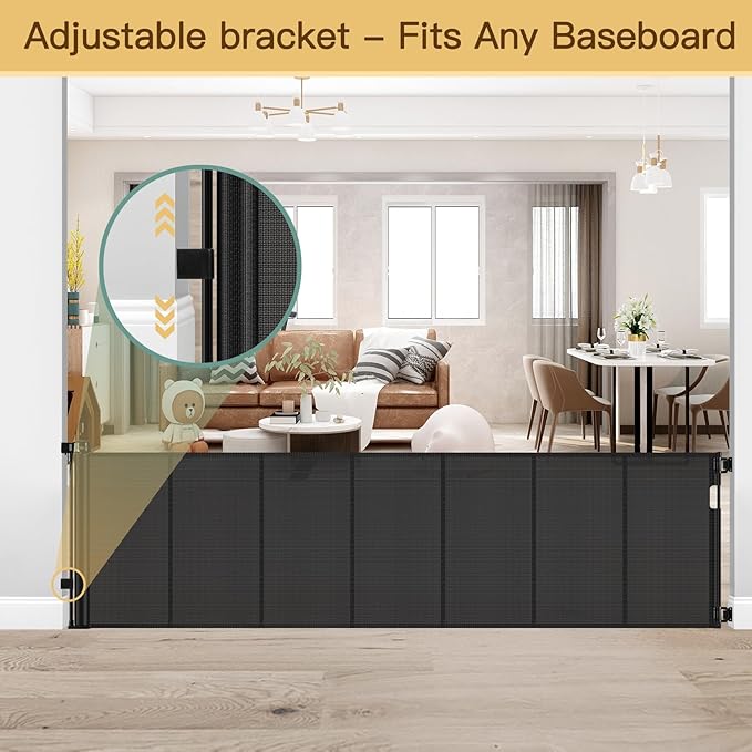 Reinforced Bottom 100 Inch Retractable Baby Gates Extra Wide Baby Gate for Large Openings, 8 ft Super Long Child Gates for Large Openings, Mesh Retractable Dog Gate for Doorways Extra Wide, Black