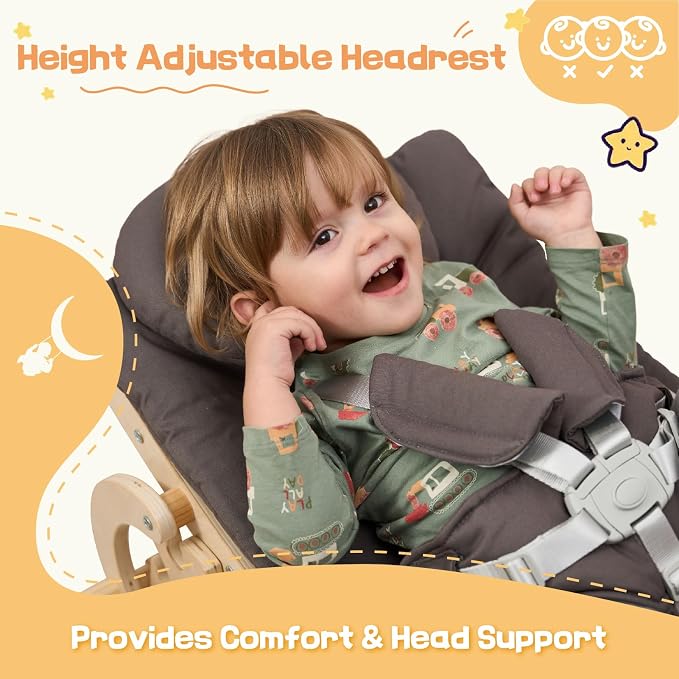 Baby Bouncer,Adjustable Baby Rocker, 3-in-1 Wooden Infant Rocker Chair with 5-Point Harness, Toddler Seat for Infant to Toddlers,Grey
