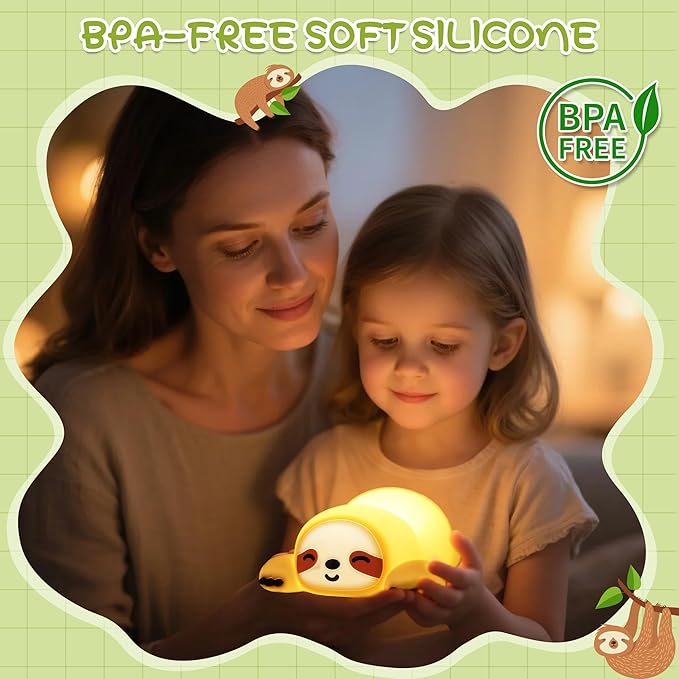 Sloth Night Light, Cute Squishy Lamp for Bedroom, Silicone Animal Dimmable & Timer Rechargeable Nightlight for Girls Boys Kids, Home Decor Christmas Birthday White Elephant Gifts